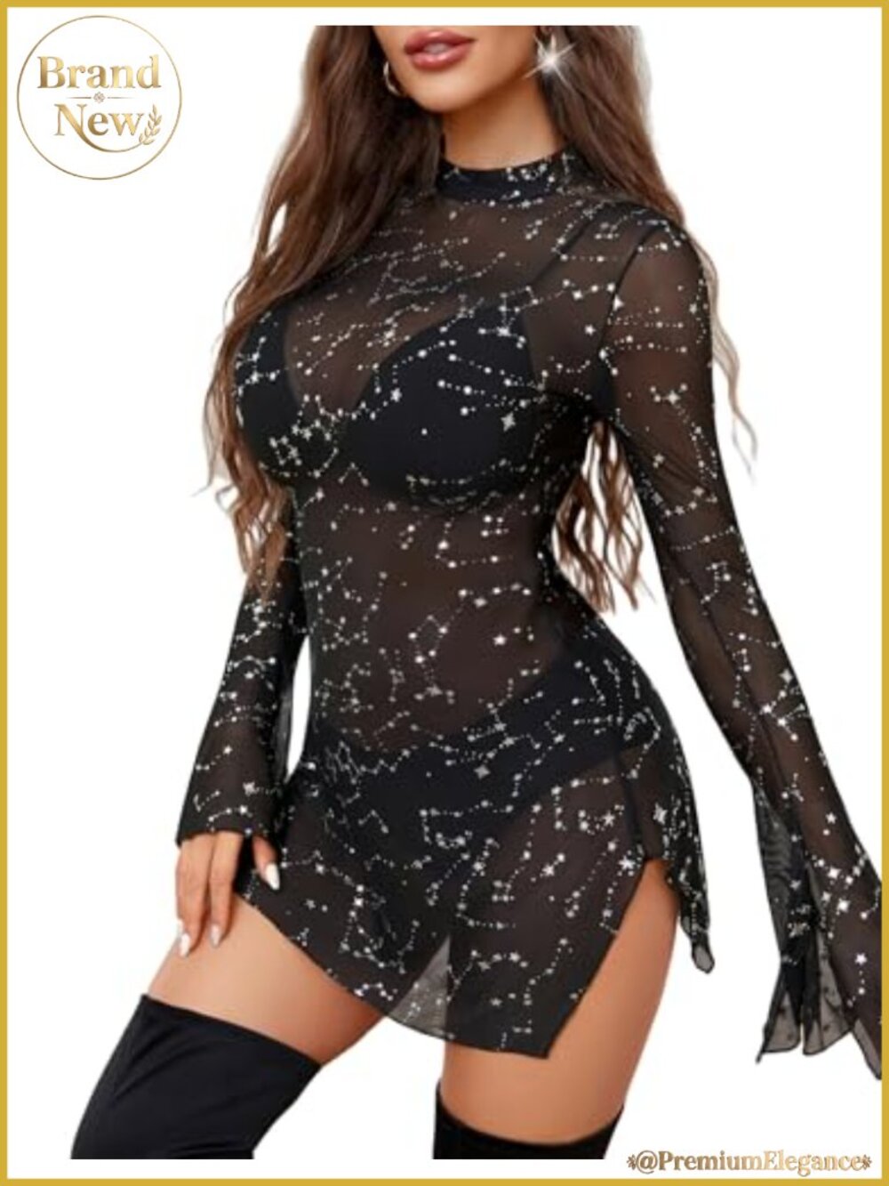 Mesh Mini Dress Bell Sleeves Bodycon Turtle Neck Long Sleeve Party Clubwear